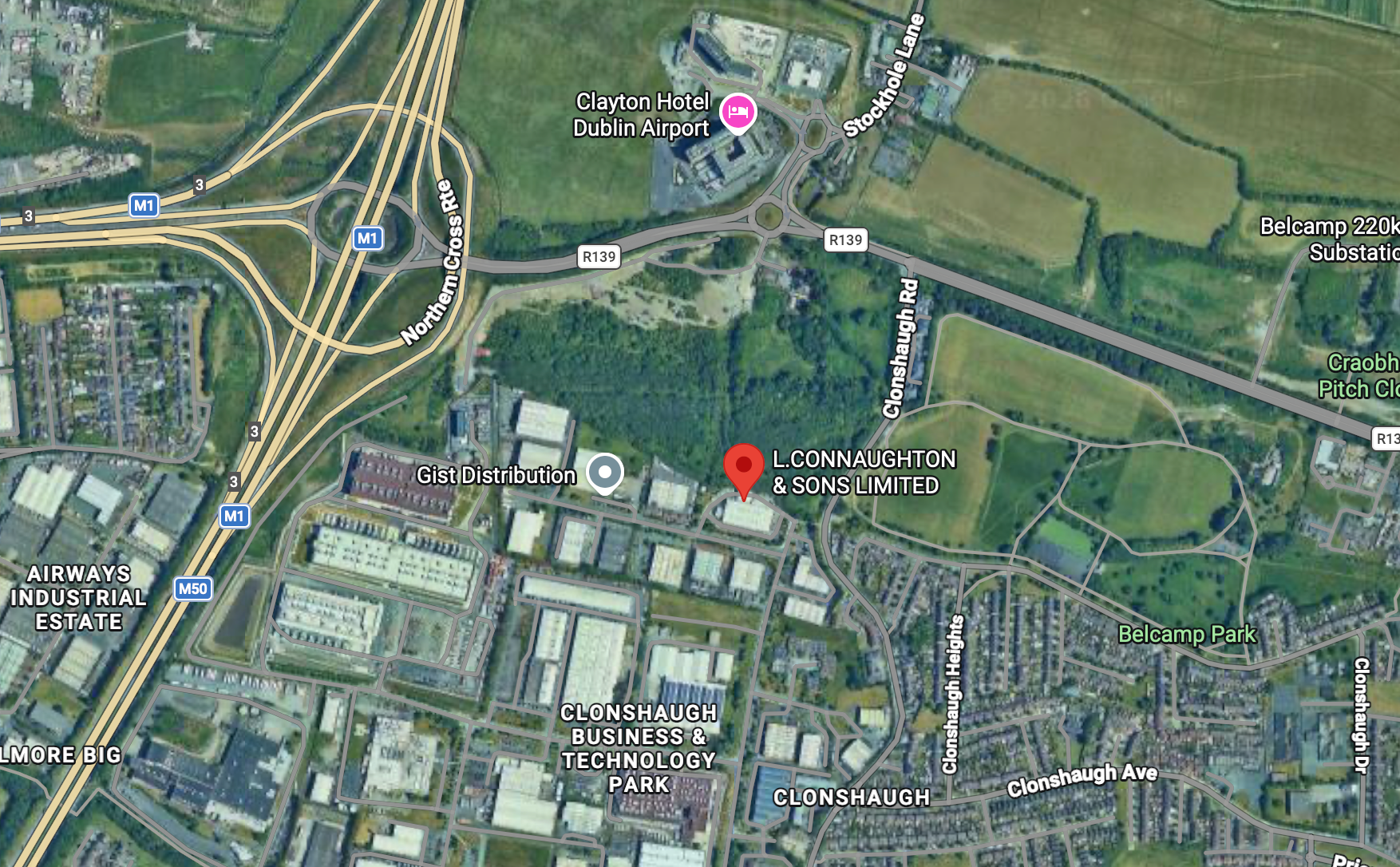 Map showing L. Connaughton & Sons Limited at Willsborough Industrial Estate, Clonshaugh, Dublin — near the M1 motorway and Dublin Airport